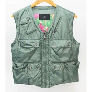 JosS Green Floral Puffer Vest Unisex 22"L 19" Pit Outdoor Skiing Hiking